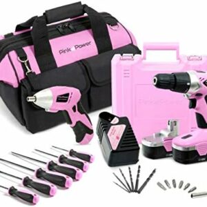 Pink Power Drill Set for Women - 18V Lightweight Pink Cordless Drill Driver & Electric Screwdriver Combo Kit with Tool Bag for Ladies Home Tool Kit - Wireless Pink Drill Set with Battery and Charger