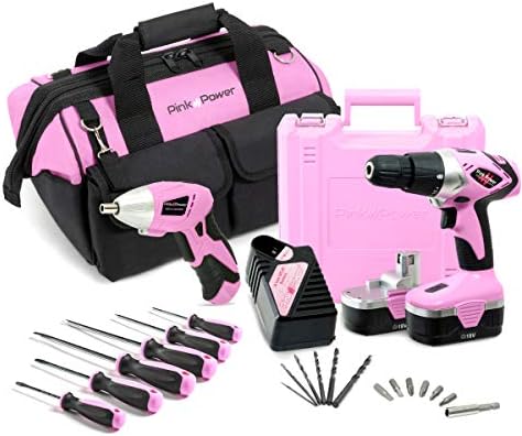 Pink Power Drill Set for Women - 18V Lightweight Pink Cordless Drill Driver & Electric Screwdriver Combo Kit with Tool Bag for Ladies Home Tool Kit - Wireless Pink Drill Set with Battery and Charger