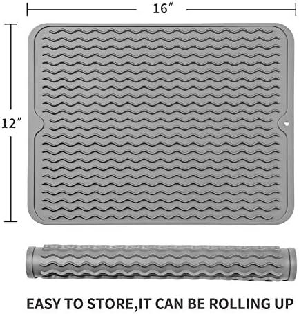 MicoYang Silicone Dish Drying Mat for Multiple Usage,Easy clean,Eco-friendly,Heat-resistant Silicone Mat for Kitchen Counter or Sink,Refrigerator or Drawer liner Grey L 16 inches x 12 inches - Image 2