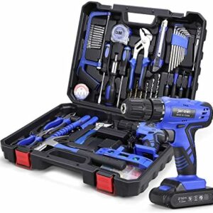112 Piece Power Tool Combo Kits with 21V Cordless Drill, Professional Household Home Tool Kit Set with DIY Hand Tool Kits for Garden Office House Repair Maintain-Blue