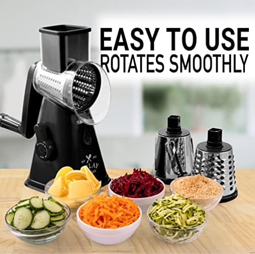Rotary Cheese Grater with Upgraded, Reinforced Suction - Round Cheese Shredder Grater with 3 Replaceable Stainless Steel Drum Blades - Easy To Use & Clean - Vegetable Slicer & Nut Grinder (Black) - Image 6