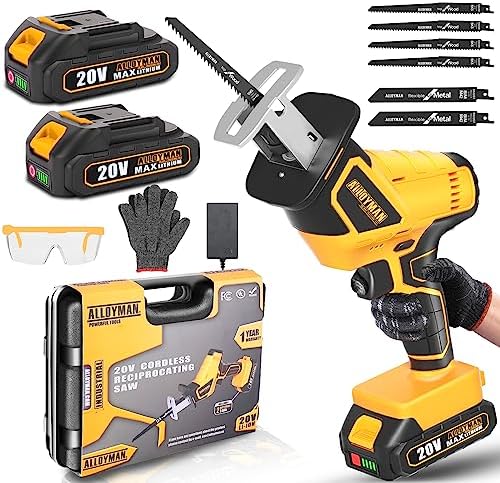 Alloyman 20V Cordless Reciprocating Saw, 0-3000 SPM, with 2 Packs Batteries, Tool-free Blade Change, LED Light Power Reciprocating Saws, 6 Saw Blades Kit for Wood/Metal/PVC Cutting Included