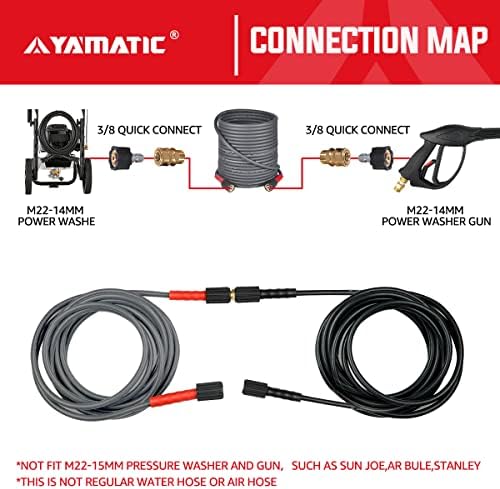 YAMATIC Super Flexible Pressure Washer Hose 50FT X 1/4", Kink Resistant Real 3200 PSI Heavy Duty Power Washer Extension Replacement Hose With M22-14mm x 3/8" Quick Connect Kit For Gas & Electric, Grey - Image 5