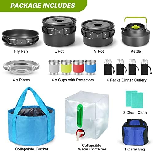 Odoland 29pcs Camping Cookware Mess Kit, Non-Stick Lightweight Pots Pan Kettle, Collapsible Water Container and Bucket, Stainless Steel Cups Plates Forks Knives Spoons for Outdoor Backpacking Picnic - Image 2