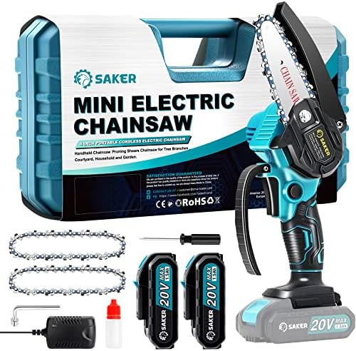 Saker Mini Chainsaw,Portable Electric Cordless Chainsaw,Battery Powered,Small Power Handheld Chain Saws Pruning Shears for Tree Branches,Courtyard and Garden(2PCS 20VBatteries&3 PCS Chains Blue)
