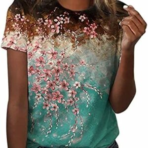 SKDOGDT Summer Short Sleeve Tops For Women Trendy Casual Floral Graphic Shirts Blouses Plus Size Crew Neck Boho Henley Tees