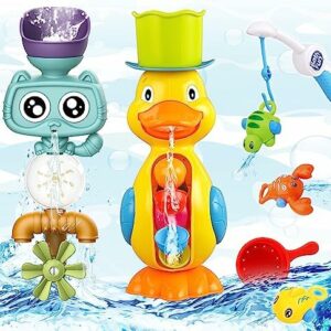 Bath Toys for Toddlers 1-3 3-5,Baby Bath Toys Cute Duck Cat Waterfall with Rotate Waterwheel Shower Toys,Fishing Game,Floating Bathtub Toys Swimming Fish Toy,Baby Water Toys Pool Toys for Toddlers 1-3