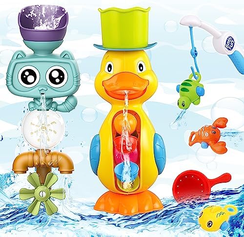 Bath Toys for Toddlers 1-3 3-5,Baby Bath Toys Cute Duck Cat Waterfall with Rotate Waterwheel Shower Toys,Fishing Game,Floating Bathtub Toys Swimming Fish Toy,Baby Water Toys Pool Toys for Toddlers 1-3