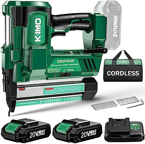 KIMO 18 Gauge Nail Gun Battery Powered w/ 2 X 2.0 Battery & Charger, 2 in 1 Cordless Brad Nailer/Electric Stapler, Adjustable Depth, 18GA Nailer/Staples for Upholstery, Home Improvement & Woodworking