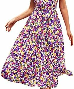 HUMMHUANJ Summer Dresses 2023,Women's Solid Color Dress Casual Printed Short Sleeve Ruffle Waist Long Dress Boho Swing Dress