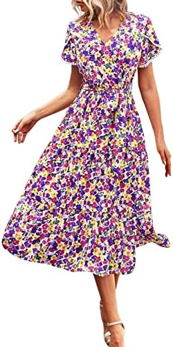 HUMMHUANJ Summer Dresses 2023,Women's Solid Color Dress Casual Printed Short Sleeve Ruffle Waist Long Dress Boho Swing Dress