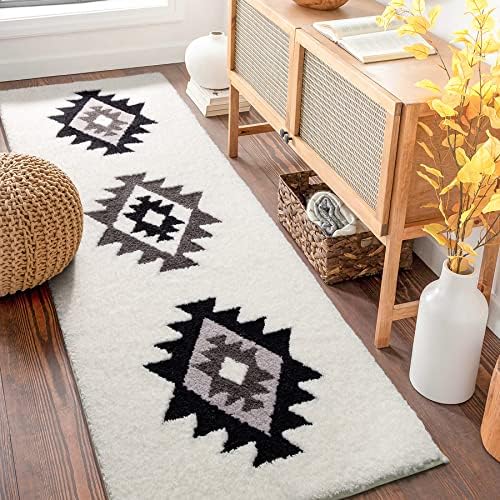 DEXDE Boho Bathroom Rug Runner 24x60 Long Bath Mat for Bathroom Bedroom Hallway Kitchen Luxury Soft Absorbent Large Modern Geometric Carpet Runner Western Farmhouse Decor, Black White - Image 2