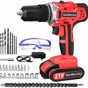 GardenJoy Cordless Power Drill Set: 21V Electric Drill with Fast Charger 3/8-Inch Keyless Chuck 2 Variable Speed 24+1 Torque Setting Power Tools Kit and 30pcs Drill/Driver Bits