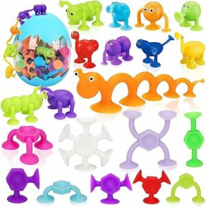 35 Pcs Suction Cup Toys Kids Bath Toys Sensory for 2 3 4 5 6 Year Old Boys Girls Travel Toys Toddler Age 1-3 3-5 Educational Fidget Silicone Sucker Window Toys Squigs with Egg Storage Stress Release