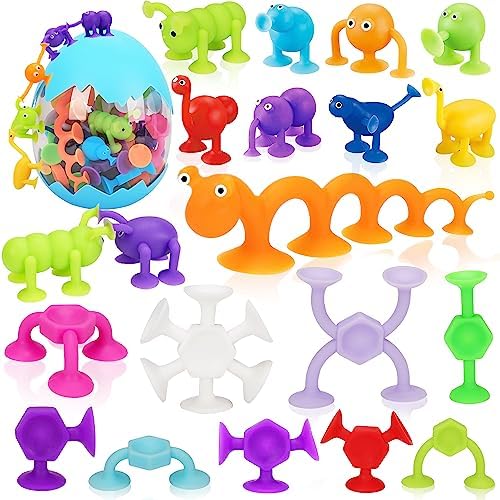 35 Pcs Suction Cup Toys Kids Bath Toys Sensory for 2 3 4 5 6 Year Old Boys Girls Travel Toys Toddler Age 1-3 3-5 Educational Fidget Silicone Sucker Window Toys Squigs with Egg Storage Stress Release