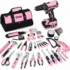 SHALL 247Pcs 20V Cordless Drill Driver & Household Tool Kit for Women, Pink Electric Power Drill Screwdriver and Home Hand Tool Set with 14” Storage Tool Bag for DIY, Home Repair/Maintenance