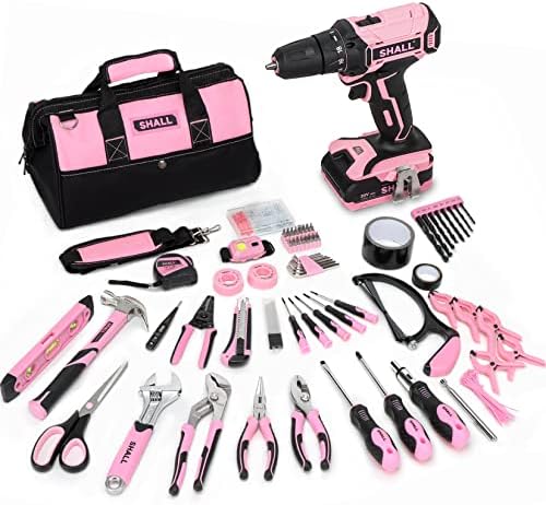 SHALL 247Pcs 20V Cordless Drill Driver & Household Tool Kit for Women, Pink Electric Power Drill Screwdriver and Home Hand Tool Set with 14” Storage Tool Bag for DIY, Home Repair/Maintenance