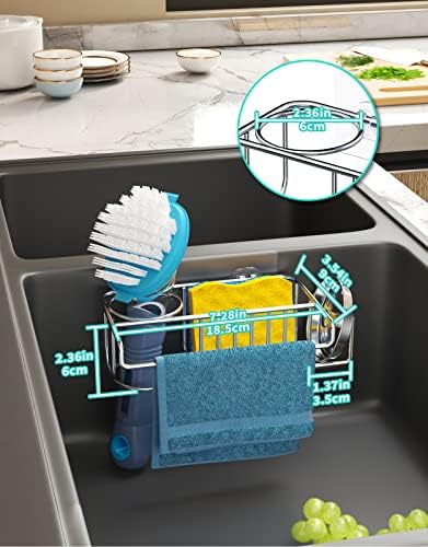 HapiRm 4 in 1 Adhesive Sink Caddy Sponge Holder, SUS304 Stainless Steel Sink Basket Brush Holder + Dish Cloth Hanger + Soap Rack + Sink Stopper Holder with 2 Installation Ways - Silver - Image 6