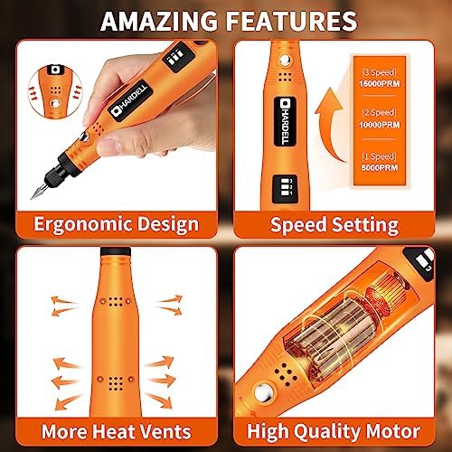 HARDELL Cordless Rotary Tool 3.7V, 3-Speed Mini Rotary Tool with 42 Rotary Tool Accessories, Rechargeable Power Rotary Tool Kit for Sanding, Drilling, Polishing, Engraving, Cleaning, DIY Crafts - Image 5