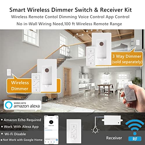 Nexete Smart Wireless Light Switch and Receiver Kit,Brightness Adjustable,100ft RF Range No Wiring Mini Remote Control with Wall Plate,Voice Control,Bluetooth Work with Amazon Alexa (2 Wall Switches) - Image 2