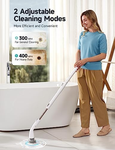 Hicozy Electric Spin Scrubber HS1, Cordless Shower Scrubber with 4 Replaceable Brush Heads Adjustable Extension Handle, Power Cleaning Brush for Bathroom, Floor, Tile, Kitchen White - Image 2
