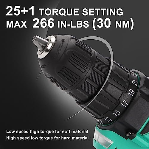 COMOWARE 20V Cordless Drill, Electric Power Drill Set with 1 Battery & Charger, 3/8” Keyless Chuck, 2 Variable Speed, 266 In-lb Torque, 25+1 Position and 34pcs Drill/Driver Bits - Image 4