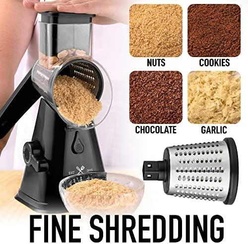 Rotary Cheese Grater with Upgraded, Reinforced Suction - Round Cheese Shredder Grater with 3 Replaceable Stainless Steel Drum Blades - Easy To Use & Clean - Vegetable Slicer & Nut Grinder (Black) - Image 3