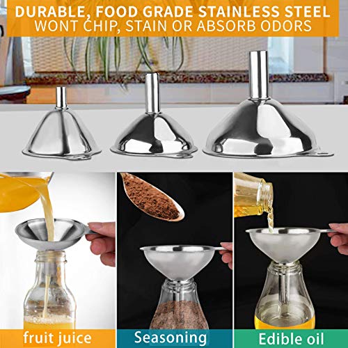 6Pcs Metal Stainless Steel Funnel, Large Small Funnel Set of 3, Food Grade Mini Funnels for Kitchen Use Filling Bottles Flask Cooking, 2 Brushes YLYL - Image 6