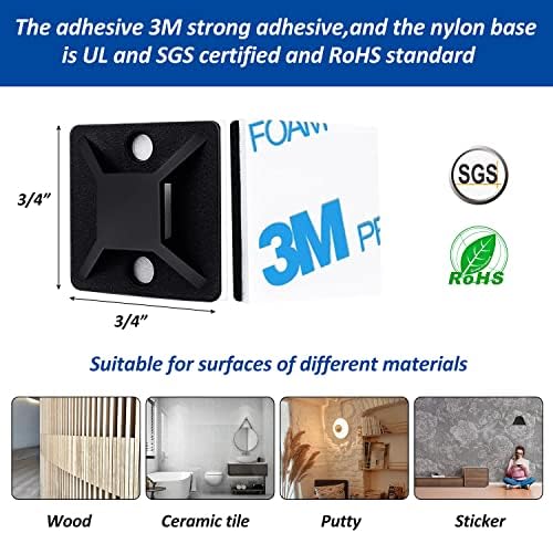 Strong Back-Glue Self Adhesive Cable Zip Tie Mounts Kit - 100 Set Cable Management Clips with 6" Zip Ties, Wire Holders and Screws - Outdoor Sticky Wire Organizer Clips-Black - Image 3