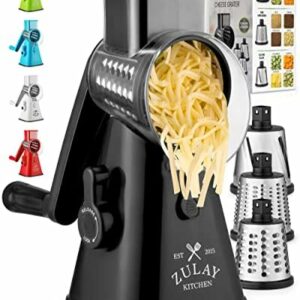 Rotary Cheese Grater with Upgraded, Reinforced Suction - Round Cheese Shredder Grater with 3 Replaceable Stainless Steel Drum Blades - Easy To Use & Clean - Vegetable Slicer & Nut Grinder (Black)