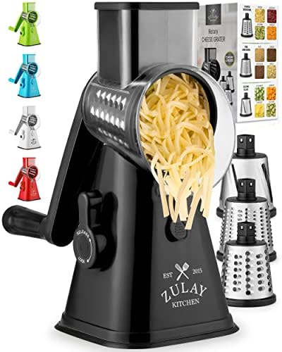 Rotary Cheese Grater with Upgraded, Reinforced Suction - Round Cheese Shredder Grater with 3 Replaceable Stainless Steel Drum Blades - Easy To Use & Clean - Vegetable Slicer & Nut Grinder (Black)