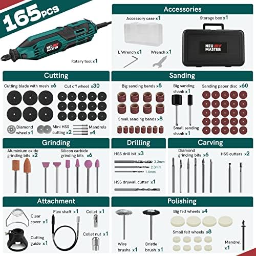180W Rotary Tool Kit, NEU MASTER Corded Power Rotary Tools with 165 Accessories and 6 Variable Speed, 10000-35000RPM Electric Drill Set for Handmade Crafting Projects and DIY Creations - Image 6