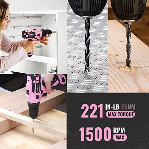 WORKPRO Pink Tool Set with Power Drill, 108PCS Portable Ladies Pink Drill Kit for Home with Toolbox including Pink Hammer, 1.5 Ah Cordless Hand Drills with Keyless Chuck and Variable Speed Trigger - Image 8