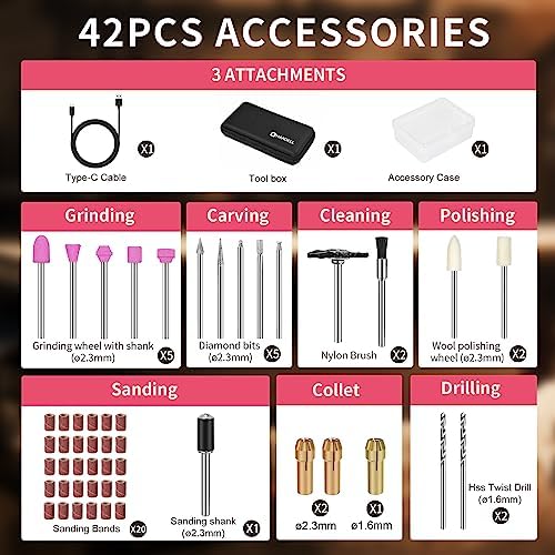 HARDELL Cordless Rotary Tool 3.7V, 3-Speed Mini Rotary Tool with 42 Accessories, Rechargeable Power Rotary Tool Kit for Sanding, Drilling, Polishing, Engraving, Cleaning, Small DIY Projects - Image 7