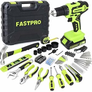 FASTPRO 177-Piece 20V Cordless Lithium-ion Drill Driver and Home Tool Set, Household Repairing Tool Kit with Drill in Tool Storage Case, Green