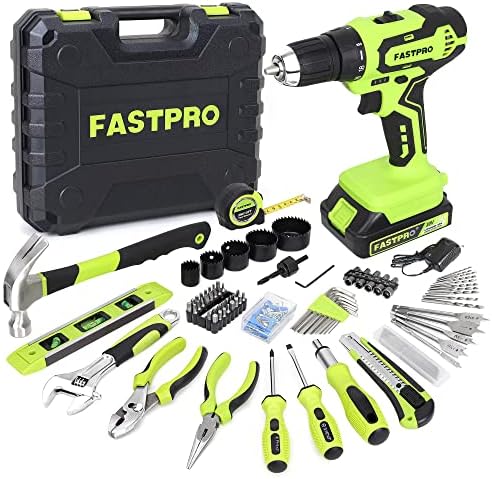 FASTPRO 177-Piece 20V Cordless Lithium-ion Drill Driver and Home Tool Set, Household Repairing Tool Kit with Drill in Tool Storage Case, Green