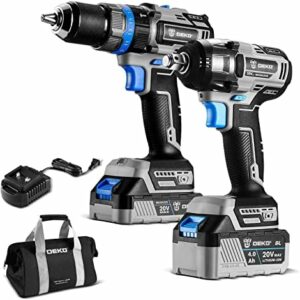 DEKOPRO Cordless Drill Combo Kit - 20V Max Brushless Impact Drill and Impact Wrench Cordless Power Tool Set with 2Pcs 2.0 Ah&4.0 Ah Lithium-Ion Batteries, Charger and Storage Bag included