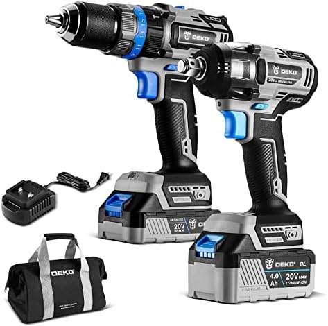 DEKOPRO Cordless Drill Combo Kit - 20V Max Brushless Impact Drill and Impact Wrench Cordless Power Tool Set with 2Pcs 2.0 Ah&4.0 Ah Lithium-Ion Batteries, Charger and Storage Bag included