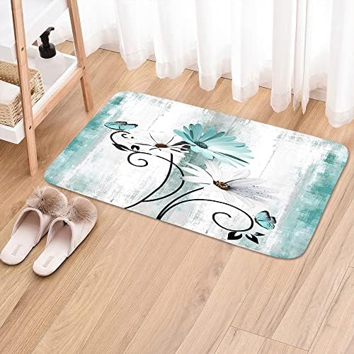 Rustic Farmhouse Bath Rug, Farm Teal Daisy Floral Flowers and Butterfly on Country Wooden Bath Mat Turquoise Blue Kitchen Rug Floor Mat Soft Non Slip Runner Carpet Indoor Doormat (17X29) - Image 2