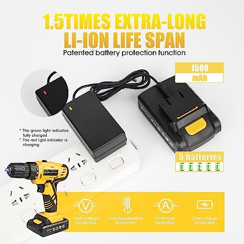 Portable Power Drill Set with 37PCS Drill Bit,21V Cordless Drill Kit with Battery and Charger,Jar-owl Home Tool Kit with Electric Drill,Power Tool Combo Kit for Men Women Office Repair Maintain-Yellow - Image 7