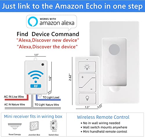 Nexete Smart Wireless Light Switch and Receiver Kit,Brightness Adjustable,100ft RF Range No Wiring Mini Remote Control with Wall Plate,Voice Control,Bluetooth Work with Amazon Alexa (2 Wall Switches) - Image 6