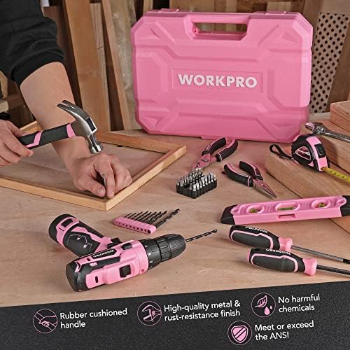 WORKPRO Pink Tool Set with Power Drill, 108PCS Portable Ladies Pink Drill Kit for Home with Toolbox including Pink Hammer, 1.5 Ah Cordless Hand Drills with Keyless Chuck and Variable Speed Trigger - Image 7