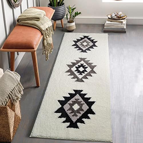 DEXDE Boho Bathroom Rug Runner 24x60 Long Bath Mat for Bathroom Bedroom Hallway Kitchen Luxury Soft Absorbent Large Modern Geometric Carpet Runner Western Farmhouse Decor, Black White - Image 3