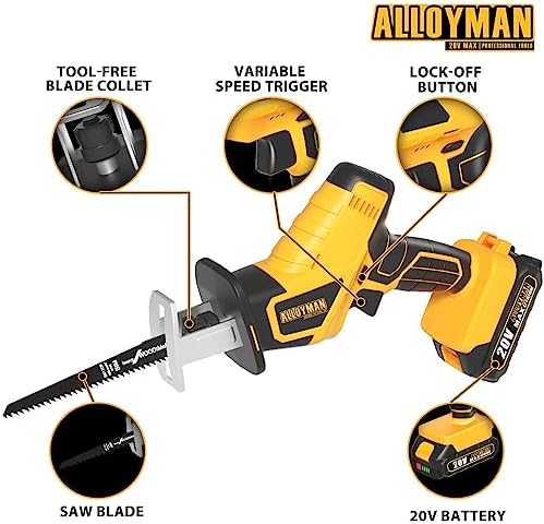 Alloyman 20V Cordless Reciprocating Saw, 0-3000 SPM, with 2 Packs Batteries, Tool-free Blade Change, LED Light Power Reciprocating Saws, 6 Saw Blades Kit for Wood/Metal/PVC Cutting Included - Image 7