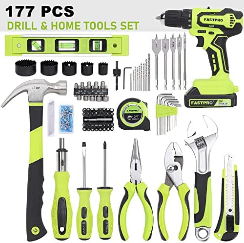 FASTPRO 177-Piece 20V Cordless Lithium-ion Drill Driver and Home Tool Set, Household Repairing Tool Kit with Drill in Tool Storage Case, Green - Image 2