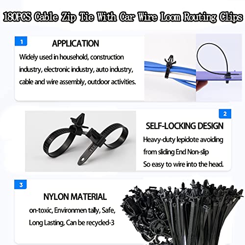 180pcs Push Mount Cable Zip Tie with Car Wire Loom Routing Clips,Fastening Cable Clips for Organizing Cables and Cords,Car Clips Contains 7 Sizes Universal Compatible with GM Ford Trucks Cars UTV - Image 7
