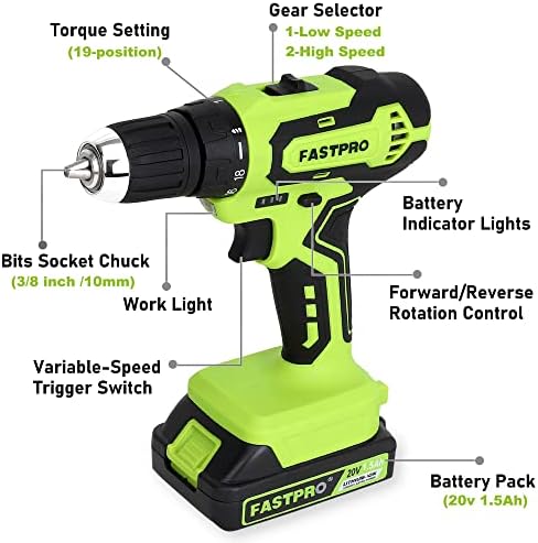 FASTPRO 177-Piece 20V Cordless Lithium-ion Drill Driver and Home Tool Set, Household Repairing Tool Kit with Drill in Tool Storage Case, Green - Image 3