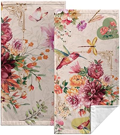 Kwlegh Rose Flower Blossom Hand Towel Set of 2 Summer Hummingbird Dish Towels Butterfly Dragonfly Bath Towel Soft Absorbent Bath Hand Towels for Bathroom Kitchen Gym Yoga 14.4 x 28.3 Inch