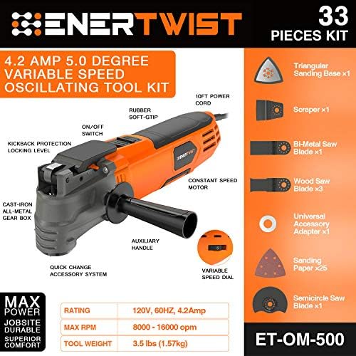 ENERTWIST Oscillating Tool, 4.2 Amp Oscillating Multitool Kit with 5° Oscillation Angle, 6 Variable Speed, 31pcs Saw Accessories, Auxiliary Handle and Carrying Bag, ET-OM-500 - Image 2