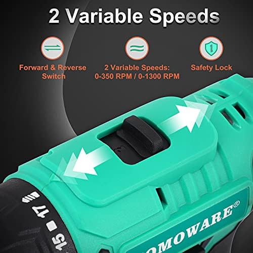 COMOWARE 20V Cordless Drill, Electric Power Drill Set with 1 Battery & Charger, 3/8” Keyless Chuck, 2 Variable Speed, 266 In-lb Torque, 25+1 Position and 34pcs Drill/Driver Bits - Image 5